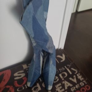 Patchwork Denim Knee High Boots